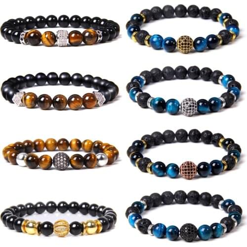 CZ Charm Bracelets Men Handmade Stretch Bangle Natural Mineral Tiger Eye Stone Beads Bracelet Women Kunsite Chalcedony Pulseras