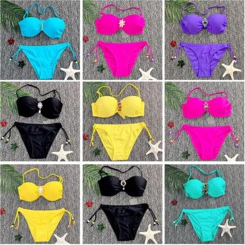 Swimwear for Women 2021 New Sexy Bikini Swimsuit with Steel Support Gathers Low Waist Briefs Fashion Beach Solid Bikini Set