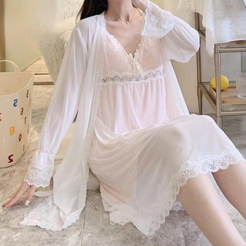 Romantic Nightgowns Mesh Lace Robe Sets Women Sexy Nighty Peignoir Fairy Sleep Night Dress Princess Sleepwear Bra Pads Nightwear