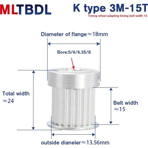 3M 15T Timing Pulley 5/6/6.35/8mm Bore Gear Pulley 3mm Pitch 15mm Belt Width K type Aluminum Synchronous Timing Belt Pulleys