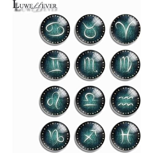 10mm 12mm 14mm 16mm 20mm 25mm 393 12pcs/lot Zodiac Mix Round Glass Cabochons Jewelry Findings 18mm Snap Button Charm Bracelet