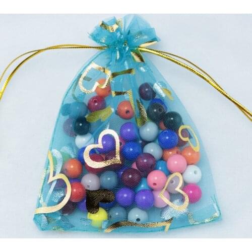100pcs 20*30cm Lake Blue Organza Bag Gold Heart Wedding Drawable Organza Cosmetics Jewelry Gift Packaging Bags & Pouches
