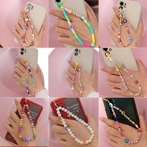 2021 New Colorful Acrylic Wrist Chain Bead Smile Mobile Phone Chain CellPhone Strap Anti-Lost Lanyard For Women Summer Jewelry