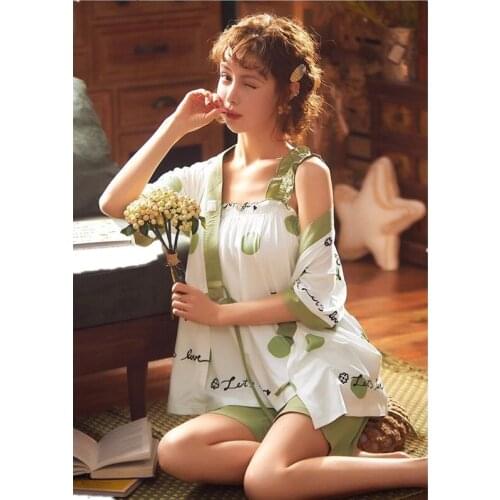 3 Piece/Set Pajama Women 100% Cotton Long Robe Sling Vest Shorts Print Flower Dot Pyjama Mom Casual Student Sweet Homewear