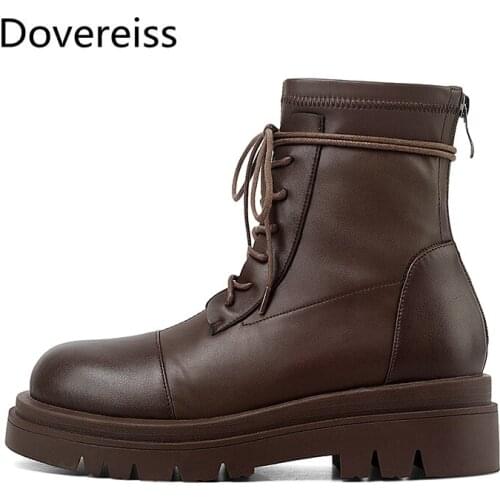 Dovereiss Fashion Womens Shoes winter Sexy brown Round toe Back zipper Buckle lace up boots Matin boots ankle boots 34-43