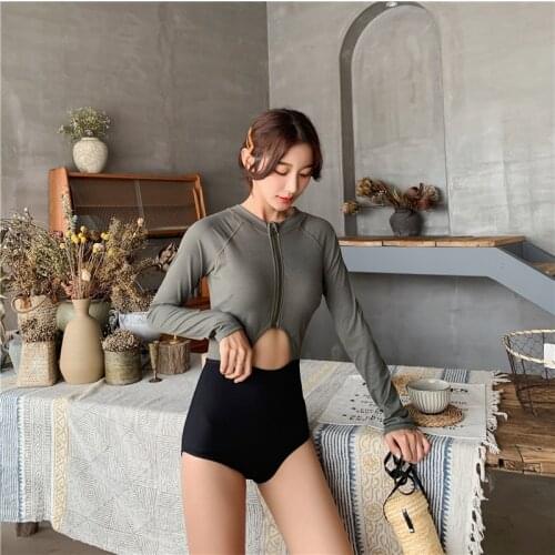 One Piece Swimsuit Women Swimwear Monokini Long Sleeve Patchwork Hollow Female Bathing Suit Surfing Bodysuit Swim Wear Beach