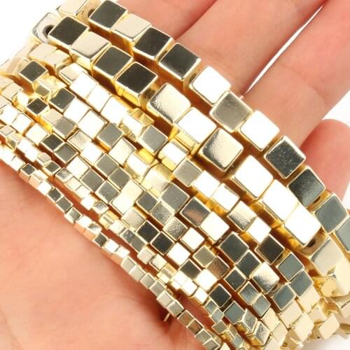 Cube Shape Light Gold Plated Hematite Natural Stone Spacer Beads For Jewelry Making DIY Accessories Necklace Bracelets 15"
