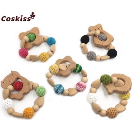 Baby Teether Wooden Heart Crochet Beads Wooden Animals Blend Creative Freedom Teething Shower Dummy Chain Baby Teether Bracelet