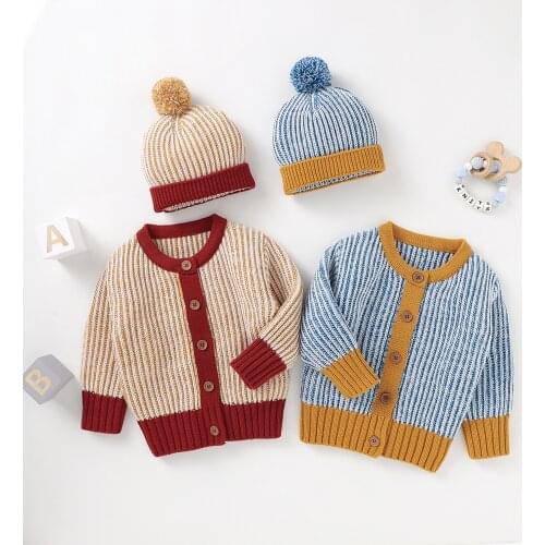 Baby Autumn Coats Baby Boys Girls Clothes Mixed Color Long Sleeve Single-breasted Knitted Outwear Cardigan+ Plush Ball Cap