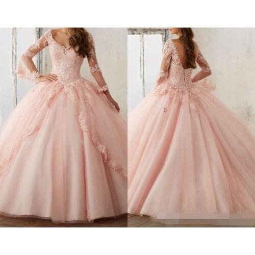 Baby Pink Quinceanera Dresses 2019 Lace Long Sleeve V-Neck Masquerade Ball gown Sweet 16 Princess Pageant prom Dress For Girls