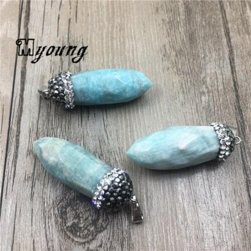 Faceted Pillar Amazonite Bullet Pendant With Rhinestone Paved Cap,Nature Stone Blue Amazon Stone Charms MY1818