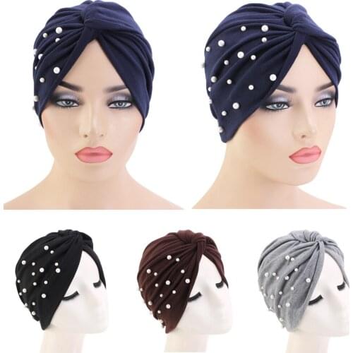Indian Cotton Turban Cap Twist Knot Pearls Bonnet Woman Hat Chemo Cap Head Scarf Wrap Cover Beads Beanie Femme Musulman Bonnet