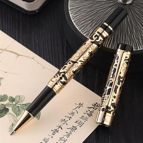 JINHAO 5000 Luxurious Metal Rollerball Pen Beautiful Dragon Texture Carving, Gray and Gold Color Gel Pens for Office Business