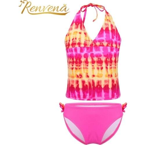 2 Pcs Girls Kids Tankini Swimsuit Sets Tie-Dye Swimwear Summer Clothes for Surfing Holiday Beach Wear Childrens Bathing Suits