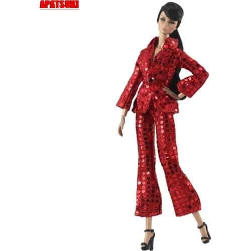 1Set Suit Sequin Red Fashion Clothes Set for Barbie Dolls Outfits Jacket Top Pants Handbag Purse 1/6 Accessories Kids Toys