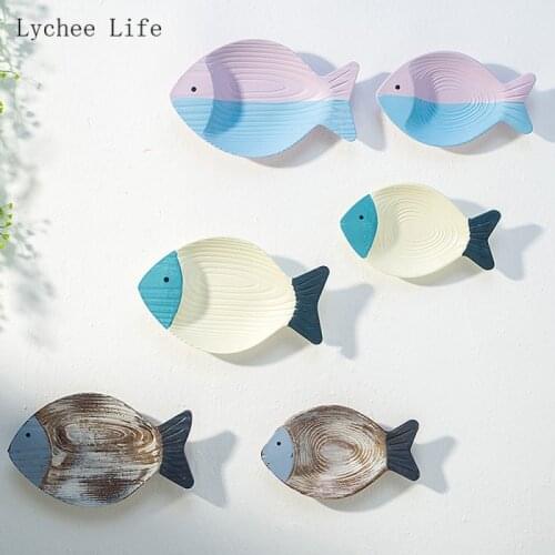 Lychee Life 2Pcs Three-dimensional Wood Fish Ornament Wall Hanging For Home Hotel Entrance Wall Background Decoration