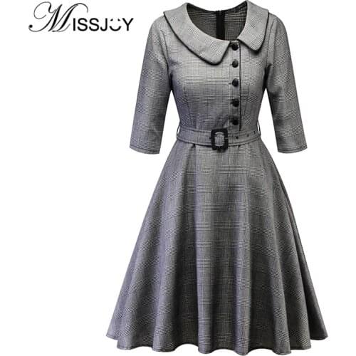 MISSJOY Vintage Knee-Length Belted Slim A-Line Elegant Plaid Cotton Autumn Women Dresses Vestidos Peter Pan Collar Button Плать