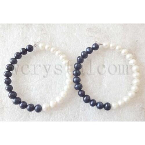 Fashion Jewelry Hoop Earring Genuine Off Round Natural White Black Freshwater Pearls 6mm Earrings Hoop 2"