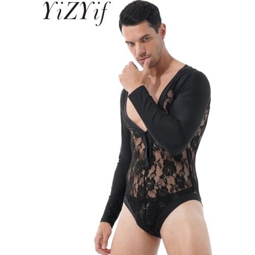 Mens Male Shaper See-through Floral Lace Patchwork Bodysuit Clubwear Deep V Neck Long Sleeve Button Leotard Jumpsuit Nightwear