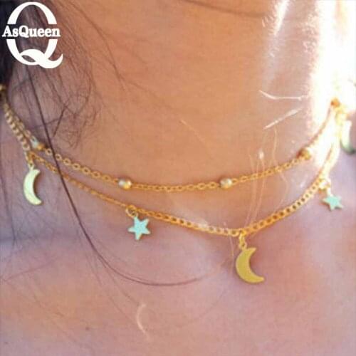 New Fashion Necklace Gold Silver Color Simple Double Moon Star Short Necklace For Women Jewelry Gift