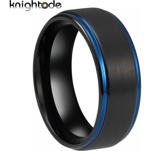 Tungsten Wedding Band Men Women lover Engagement Ring Black/Blue Plated Stepped Design Brushed Surface