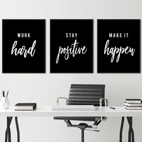 Stay Positive Quote Black Wall Art Canvas Painting Poster Print Work Hard Make it Happen Motivational Workplace Office Decor