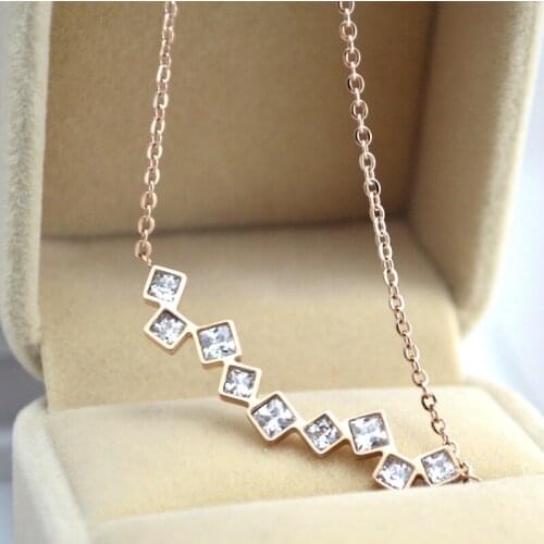 Pink Gold Color Stainless Steel Necklace For Women Neck Chain Accessories, Fashion Multi Crystal Necklaces Female Jewelry