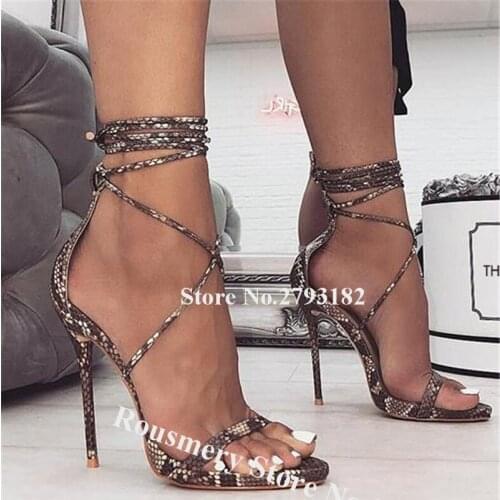 Women Fashion Open Toe Snake Leather Stiletto Heel Gladiator Sandals Lace-up One Strap High Heel Sandals Dress Heels