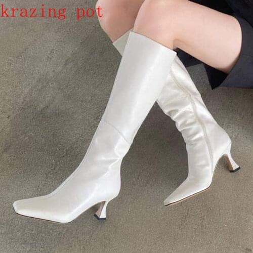 Krazing pot cow leather square toe riding boots thin high heels pleated decoration high fashion zipper superstar knee-high boots