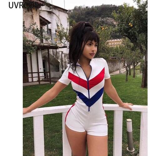 UVRCOS Club Outfits For Women One Piece Color Patchwork 2021 Summer New Fashion Chest Zipper Sportwear Fitness Overalls Rompers