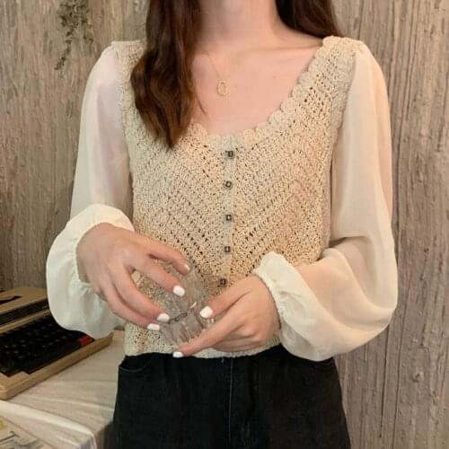 Korean Elegant Chiffon Long Sleeve V-Neck Lace Blouse Women Tops 2021 Hollow Out White Lace Shirt Women Crop Tops