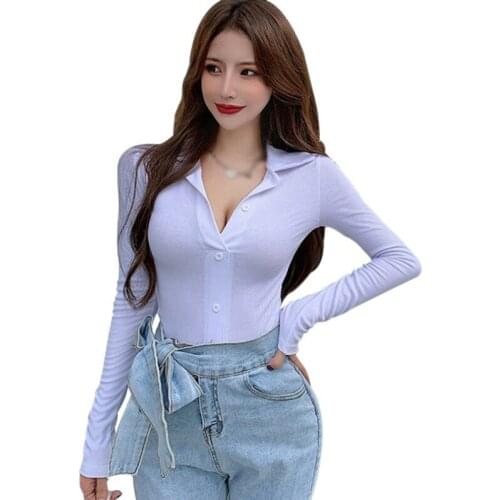 Womens Solid Color Lapel Tshirt Sexy Tight Casual Long Sleeve V Neck Autumn Tee Shirt Tops