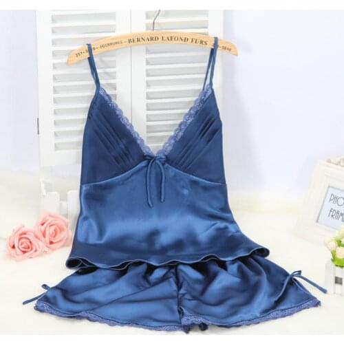 Women Sexy Solid Color Lace Pajamas Spaghetti Straps Camisole Elastic Shorts