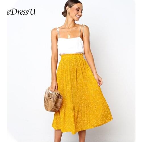 2019 Women Pleated Skirt High Quality Polka Dot Print Midi Skirt Pocket Yellow Green Girl Summer Autumn Skirt eDressU CLX-101082