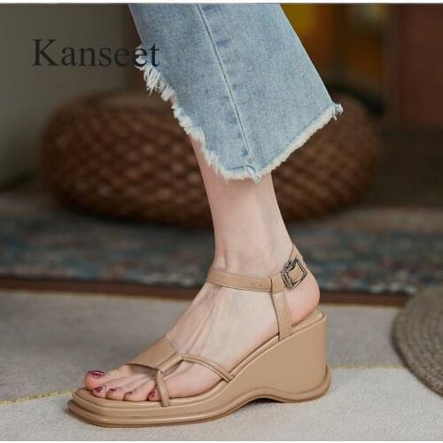 Kanseet Wedges Women Sandals 2021 Summer New Arrival Apricot Genuine Leather Handmade Fashion Design High Quality Female Shoes