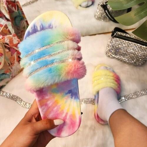 Women Fur Slippers Rhinestone Platform Flat Heel Thick Sole Candy Colors Crystal Summer Slides Sandals Ladies Shoes Plus Size 41