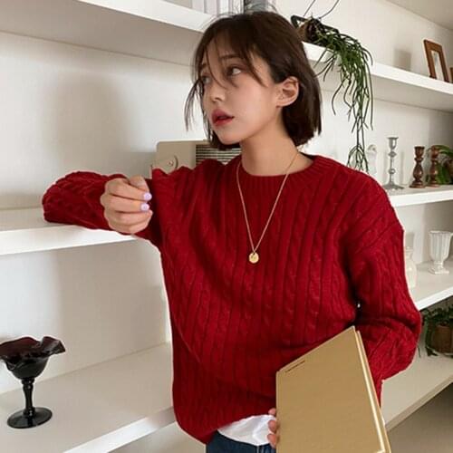 Twisted Knitted Sweater Women Vintage Wine Red Korean Loose Jumpers O-Neck Casual Pullovers Harajuku Long Sleeve Outwear X868