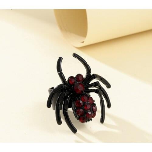 Origin Summer Hiphop Gothic Black Spider Ring for Women Punk Red Rhinestone Metal Open Adjustable Index Finger Ring Jewelry