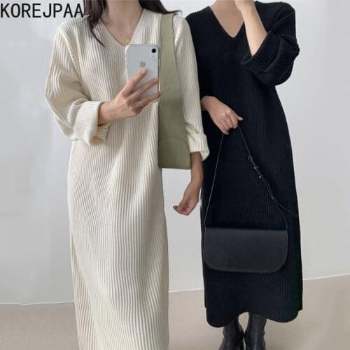 Korejpaa Women Dress 2021 Autumn Korea Elegant Temperament Ladies V-Neck Casual Solid Color Long Sleeve Knit Sweater Vestidos
