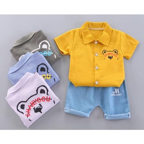 Summer Toddler Boy Cartoon Print Clothing Set Children Cotton Short Sleeve Shirt +Denim Shorts 2pc Infant Kids Clothes Outfits