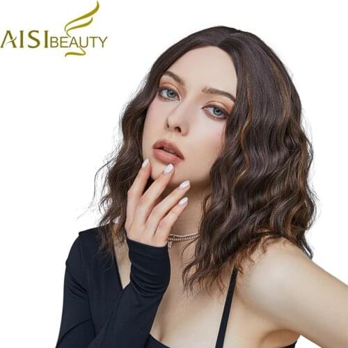 AISI BEAUTY Short Synthetic Wigs Mixed Brown Water Wavy Hair Middle Hairline Heat Resistance for Women Daily Cosplay Festival