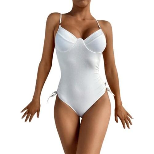 White Beachwear 2021 Female One-Piece Swimwear Girls Solid Color Sleeveless Spaghetti Strap Bathing Suit for Summer Bikini