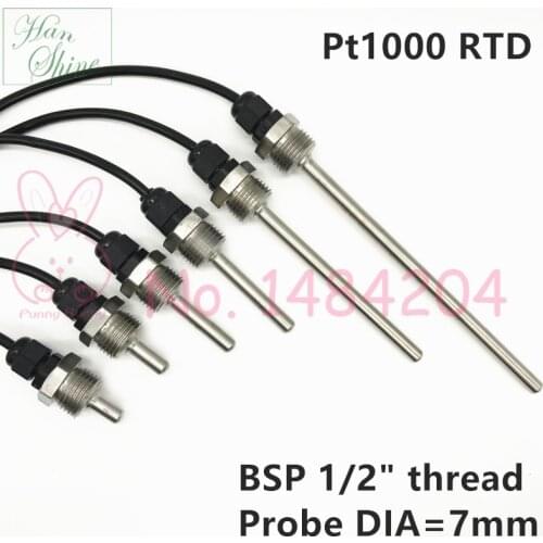 PT1000 Temperature Sensor SUS304 Housing Platinum Resistance BSP G1/2" Thread Probe DIA=7mm L=20 50 100 150mm AWG24*3C Wire 1.5m