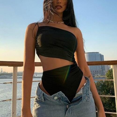 Women Sexy Bodysuits Summer Summer Sleeveless One Shoulder Backless Slim Romper Jumpsuits High Waist Hollow Overalls Club Street