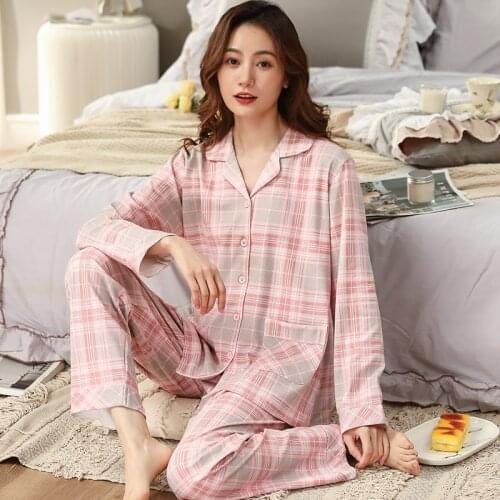 Korean Plaid Print Female Pajamas Set Autumn Winter Long Sleeve Leisure Sleepwear For Women Loose Nightwear Cotton Homewear Suit