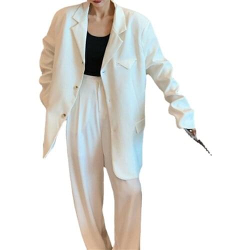 Spring Atumn Elegant White 2 Piece OL Blazer Suits Single Breast Casual Loose Long Blazer Jacket&High Waist Wide Leg Pants Sets
