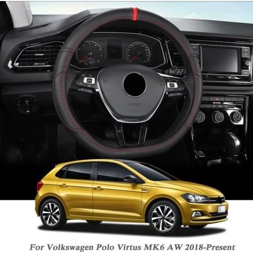 Car Styling Leather Steering Wheel Hub Cover For Volkswagen Polo Virtus MK6 AW 2018-Present Car Steering Wheel Cover Decoration