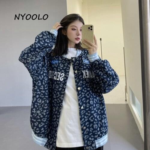 NYOOLO Casual Streetwear Letters Embroidery Pathcwork Long Sleeve Denim Jacket Women Cloth Autumn Hip Hop Baseball Uniform Coats