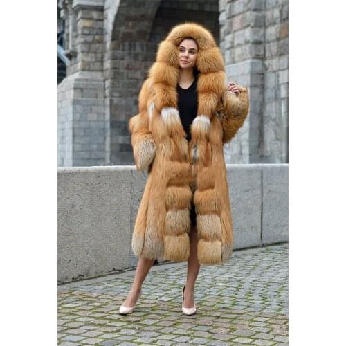FURSARCAR New Full Pelt Real Fur Jacket Women Winter Natural Gold Fox Fur Outwear With Hood 110cm Long Thick Fur Coat