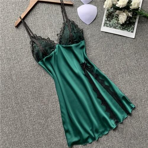 Female Spaghetti Strap Nightgown Satin Sexy Nightdress Intimate Lingerie Lace Patchwork Kimono Bathrobe Gown Casual Home Clothes